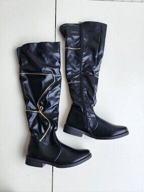 Henry Ferrera Black Knee High Boots Womens Faux Leather Zip Black Gold Sz 8.5